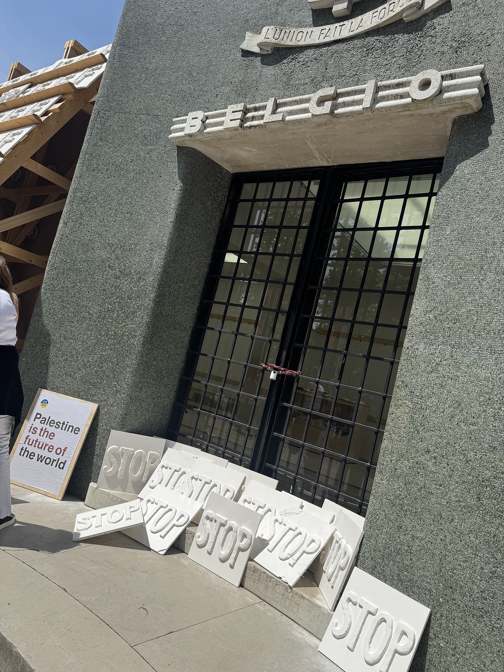 The Belgium Pavilion at the 2026 Venice Biennale on strike May 8, 2026 to protest the inclusion of Israel in the art exhibit. Numerous pavilions closed for all or part of the day.