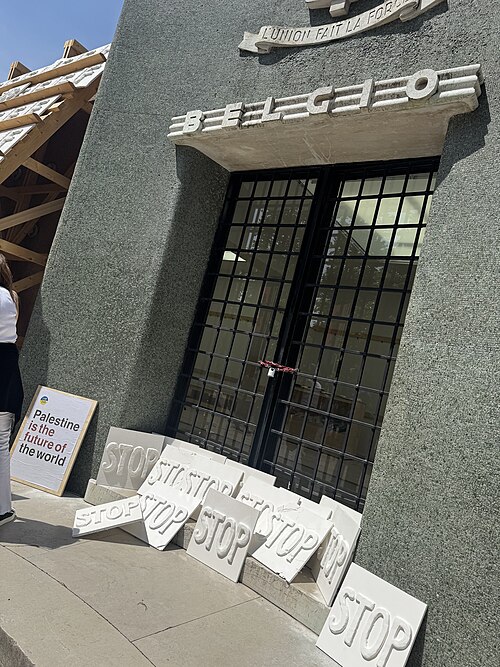 The Belgium Pavilion at the 2026 Venice Biennale on strike May 8, 2026 to protest the inclusion of Israel in the art exhibit. Numerous pavilions closed for all or part of the day.