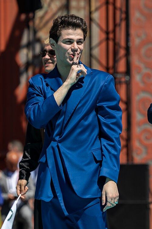 Theo Evan, representing Cyprus, on the Turquoise Carpet at Eurovision 2025 in Basel, Switzerland.