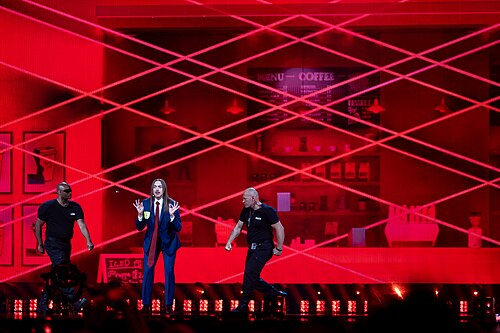 Tommy Cash, representing Estonia, performing at Eurovision 2025 in Basel, Switzerland.