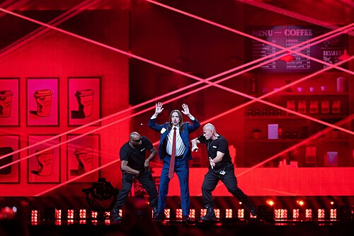 Tommy Cash, representing Estonia, performing at Eurovision 2025 in Basel, Switzerland.