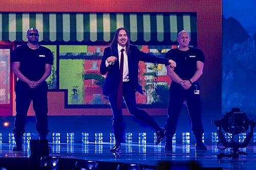 Tommy Cash, representing Estonia, performing at Eurovision 2025 in Basel, Switzerland.