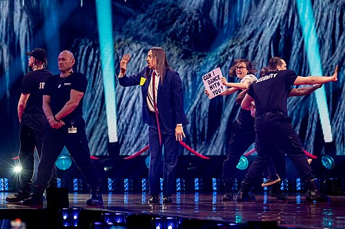 Tommy Cash, representing Estonia, performing at Eurovision 2025 in Basel, Switzerland.