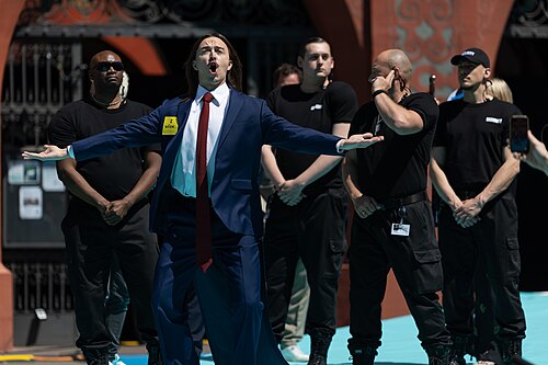 Tommy Cash, representing Estonia, on the Turquoise Carpet at Eurovision 2025 in Basel, Switzerland.