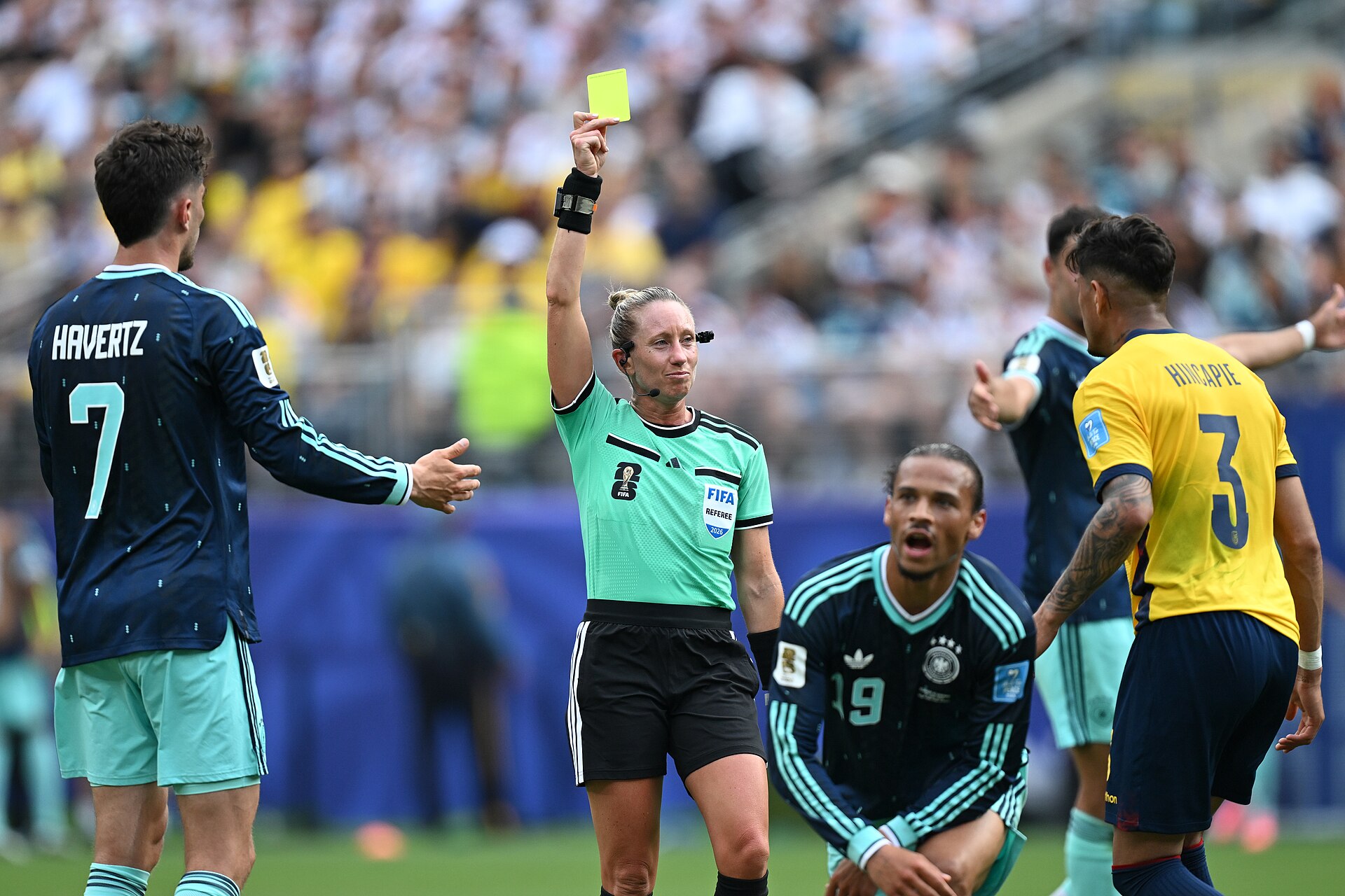 EAST RUTHERFORD, UNITED STATES - June 25: Referee Tori Penso  gives yellow card to Piero Hincapie #3 of Ecuador during the FIFA World Cup 2026 Group E match between Ecuador  and  Germany on June 25, 2026 MetLife Stadium, East Rutherford, New Jersey
