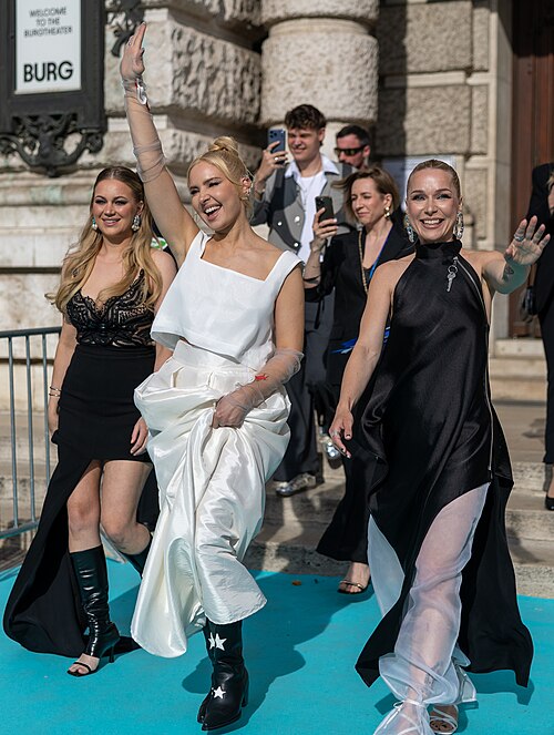 Vanilla Ninja representing Estonia on the Turquoise Carpet at the 2026 Eurovision Song Contest in Vienna