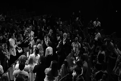 Liz Siegal, Ruth Wilson, Zachary Wigon, Maika Monroe, Evie Templeton and Virigina Feito during the standing ovation for Victorian Psycho at the 2026 Cannes Film Festival.
