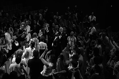 Liz Siegal, Ruth Wilson, Zachary Wigon, Maika Monroe, Evie Templeton and Virigina Feito during the standing ovation for Victorian Psycho at the 2026 Cannes Film Festival.