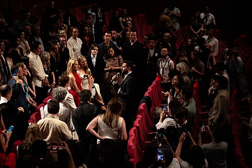 Liz Siegal, Ruth Wilson, Zachary Wigon, Maika Monroe, Evie Templeton and Virigina Feito during the standing ovation for Victorian Psycho at the 2026 Cannes Film Festival.