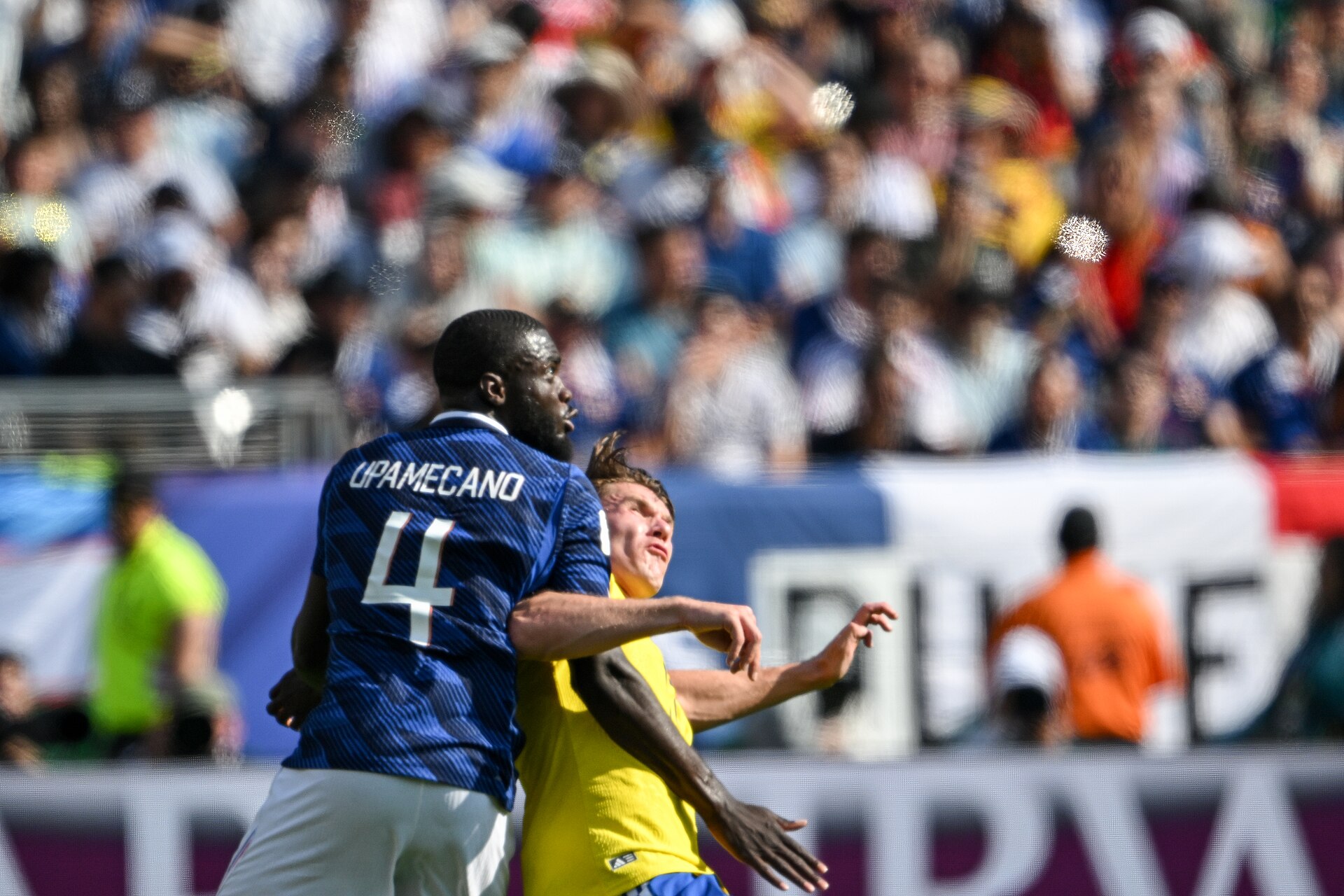 EAST RUTHERFORD, UNITED STATES - June 30: Dayot Upamecano #4 of France is in action against =s1 of Sweden during the FIFA World Cup 2026 round of 32 match between France  and Sweden on June 30, 2026 MetLife Stadium, East Rutherford, New Jersey