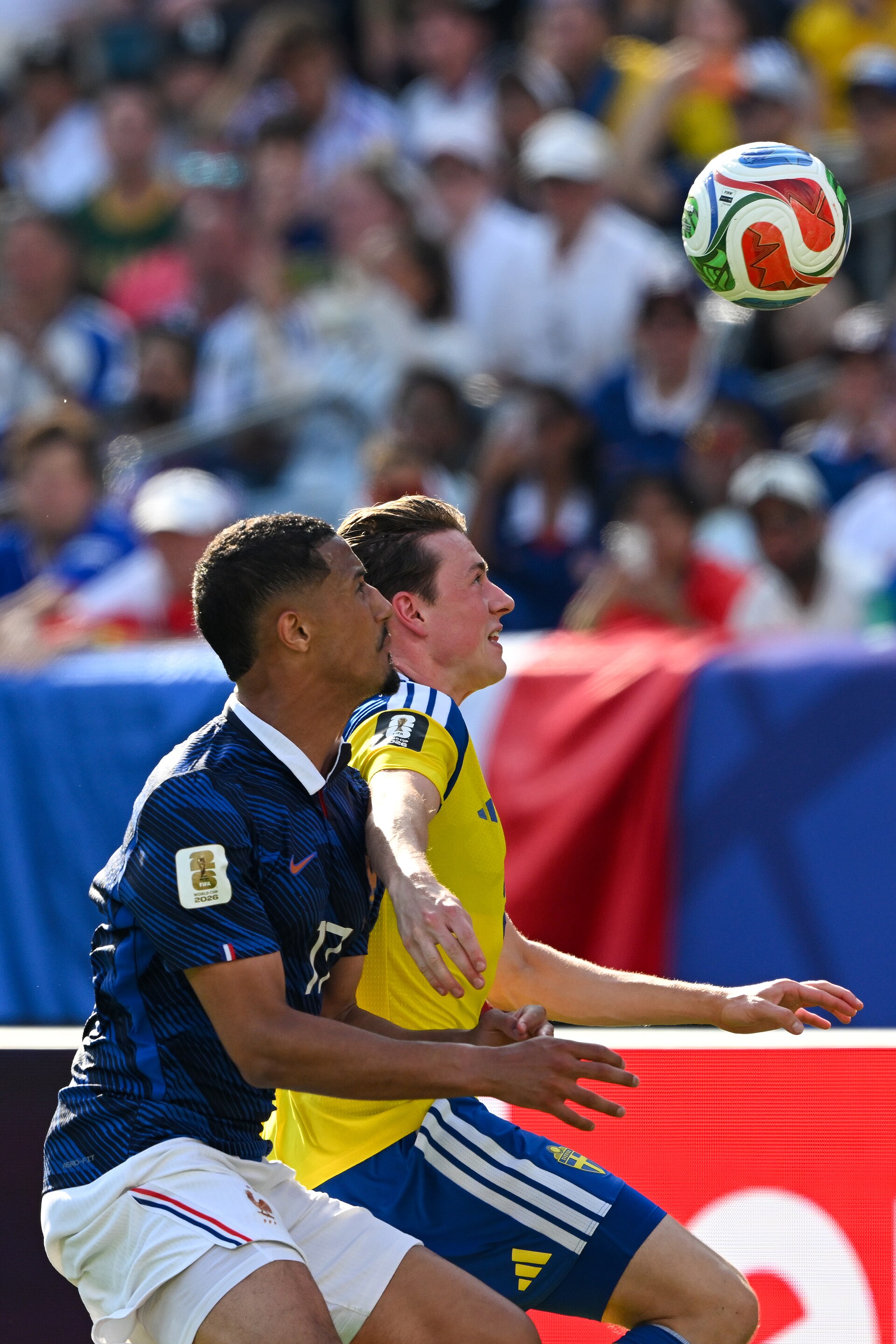 EAST RUTHERFORD, UNITED STATES - June 30: William Saliba #17 is in action against Elliot Stroud #24 of Sweden during the FIFA World Cup 2026 round of 32 match between France  and Sweden on June 30, 2026 MetLife Stadium, East Rutherford, New Jersey