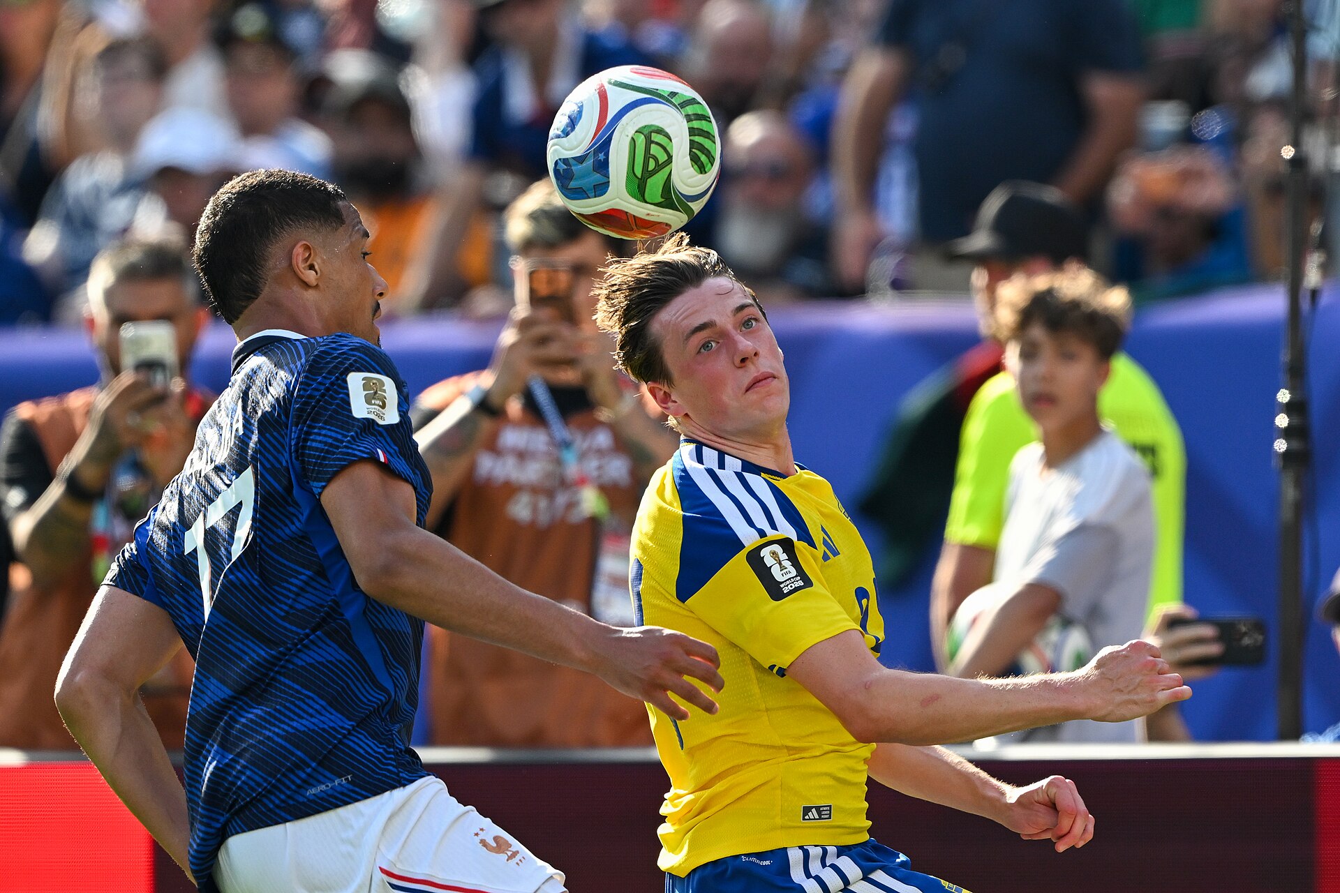 EAST RUTHERFORD, UNITED STATES - June 30: William Saliba #17 is in action against Elliot Stroud #24 of Sweden during the FIFA World Cup 2026 round of 32 match between France  and Sweden on June 30, 2026 MetLife Stadium, East Rutherford, New Jersey