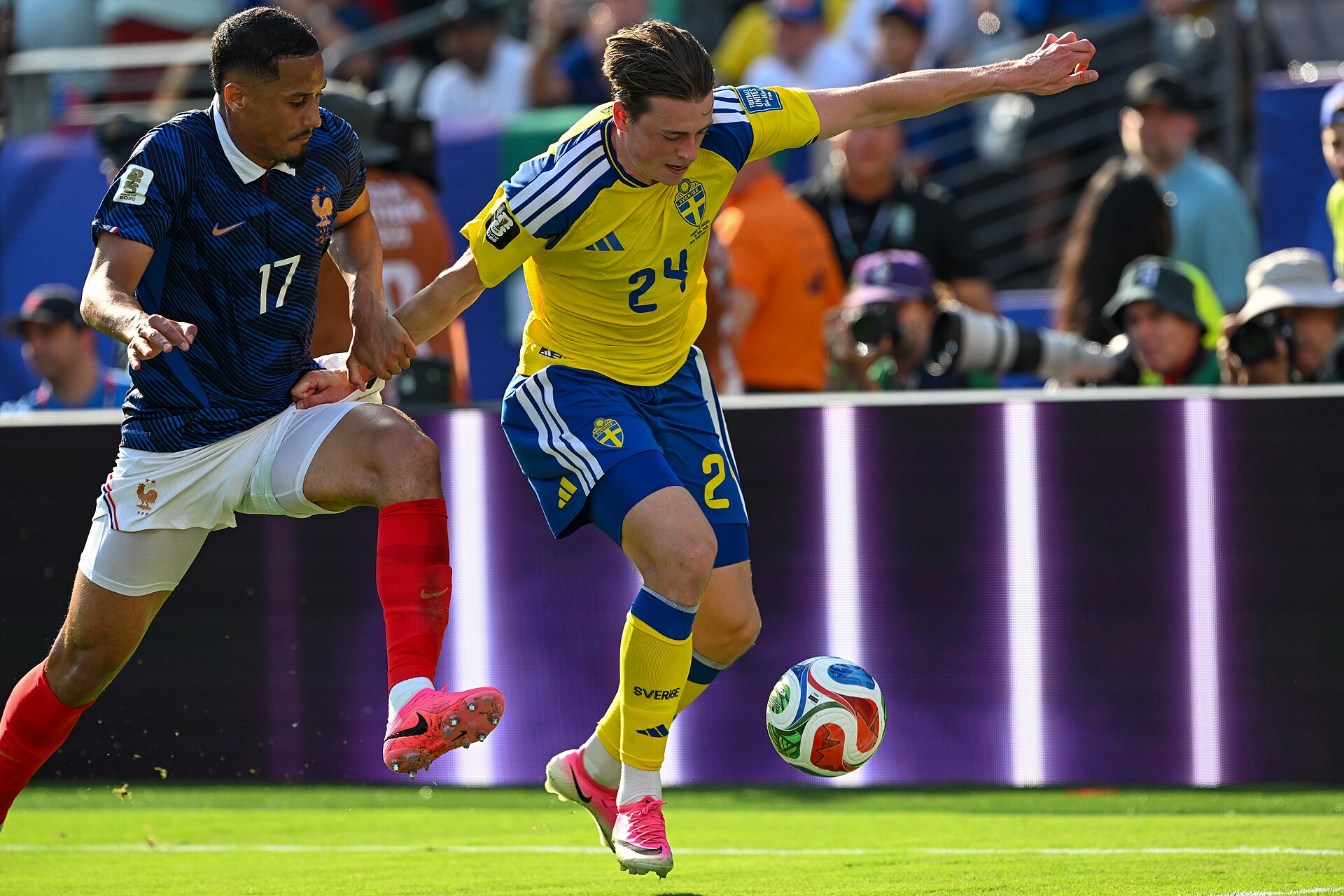 EAST RUTHERFORD, UNITED STATES - June 30: William Saliba #17 is in action against Elliot Stroud #24 of Sweden during the FIFA World Cup 2026 round of 32 match between France  and Sweden on June 30, 2026 MetLife Stadium, East Rutherford, New Jersey