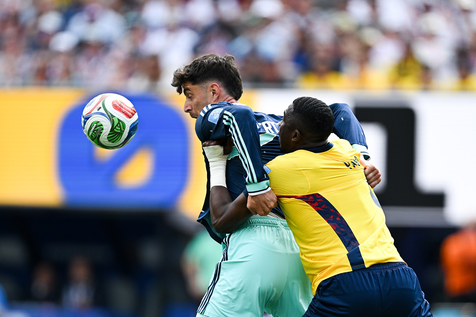 EAST RUTHERFORD, UNITED STATES - June 25: Kai Havertz #7 of Germany is in action against Willian Pacho #6 of Ecuador during the FIFA World Cup 2026 Group E match between Ecuador  and  Germany on June 25, 2026 MetLife Stadium, East Rutherford, New Jersey