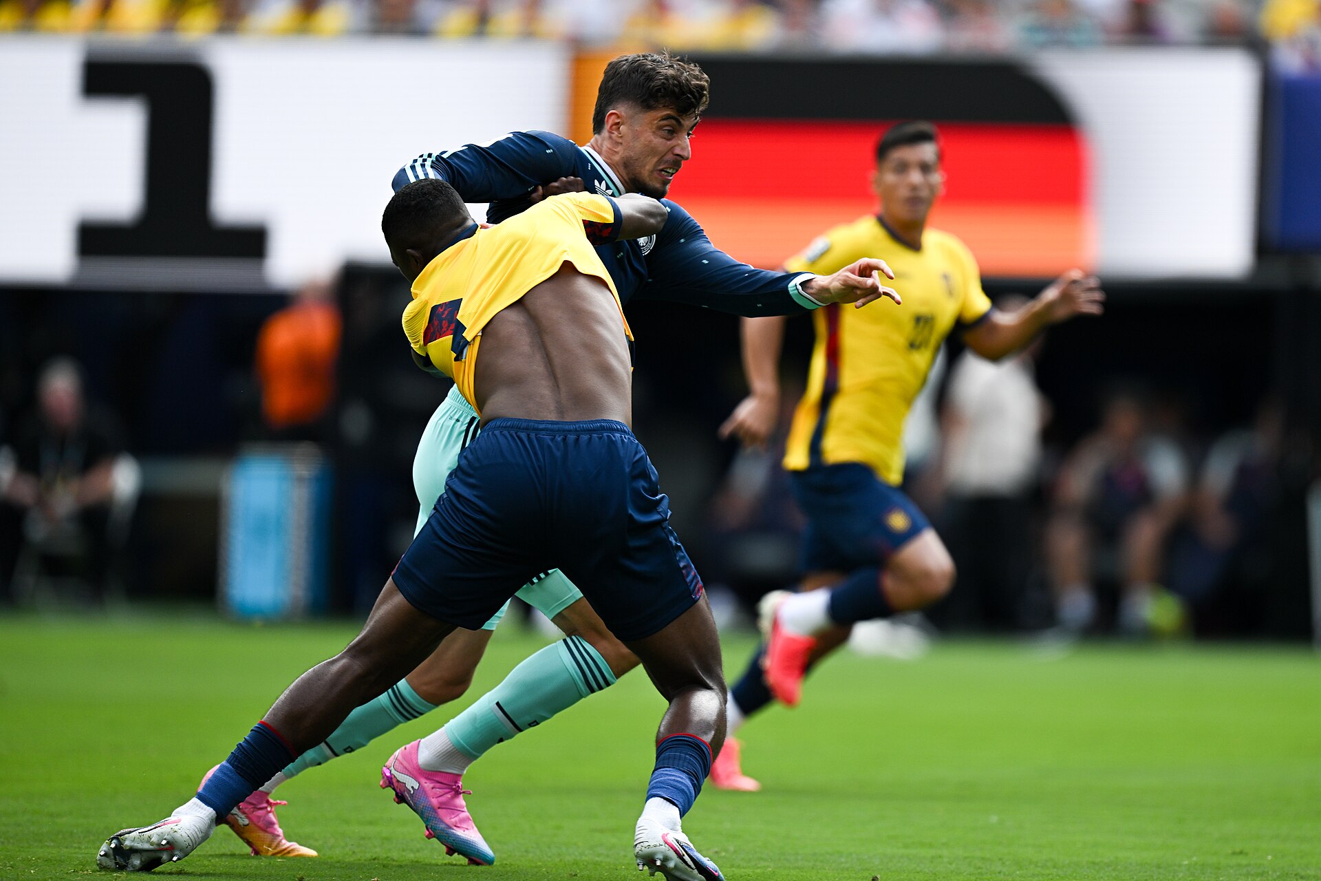 EAST RUTHERFORD, UNITED STATES - June 25: Kai Havertz #7 of Germany is in action against Willian Pacho #6 of Ecuador during the FIFA World Cup 2026 Group E match between Ecuador  and  Germany on June 25, 2026 MetLife Stadium, East Rutherford, New Jersey