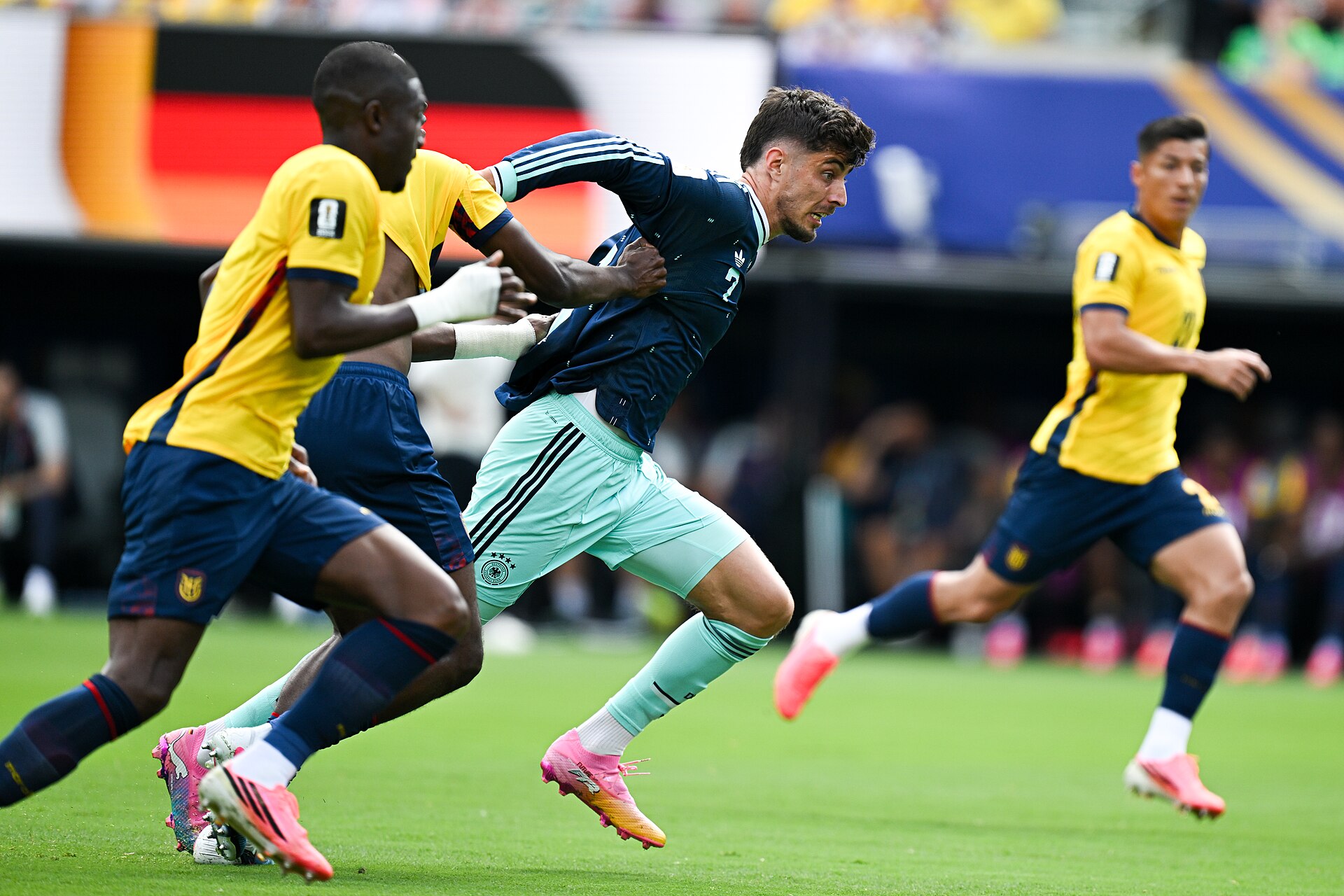 EAST RUTHERFORD, UNITED STATES - June 25: Kai Havertz #7 of Germany is in action against Willian Pacho #6 of Ecuador during the FIFA World Cup 2026 Group E match between Ecuador  and  Germany on June 25, 2026 MetLife Stadium, East Rutherford, New Jersey