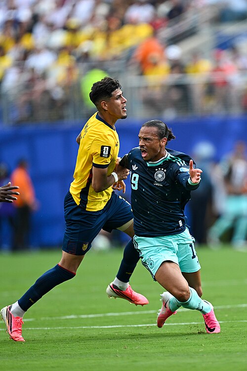 EAST RUTHERFORD, UNITED STATES - June 25: Piero Hincapie #3 of Ecuador is in action against Leroy Sane #19 of Ecuador during the FIFA World Cup 2026 Group E match between Ecuador  and  Germany on June 25, 2026 MetLife Stadium, East Rutherford, New Jersey