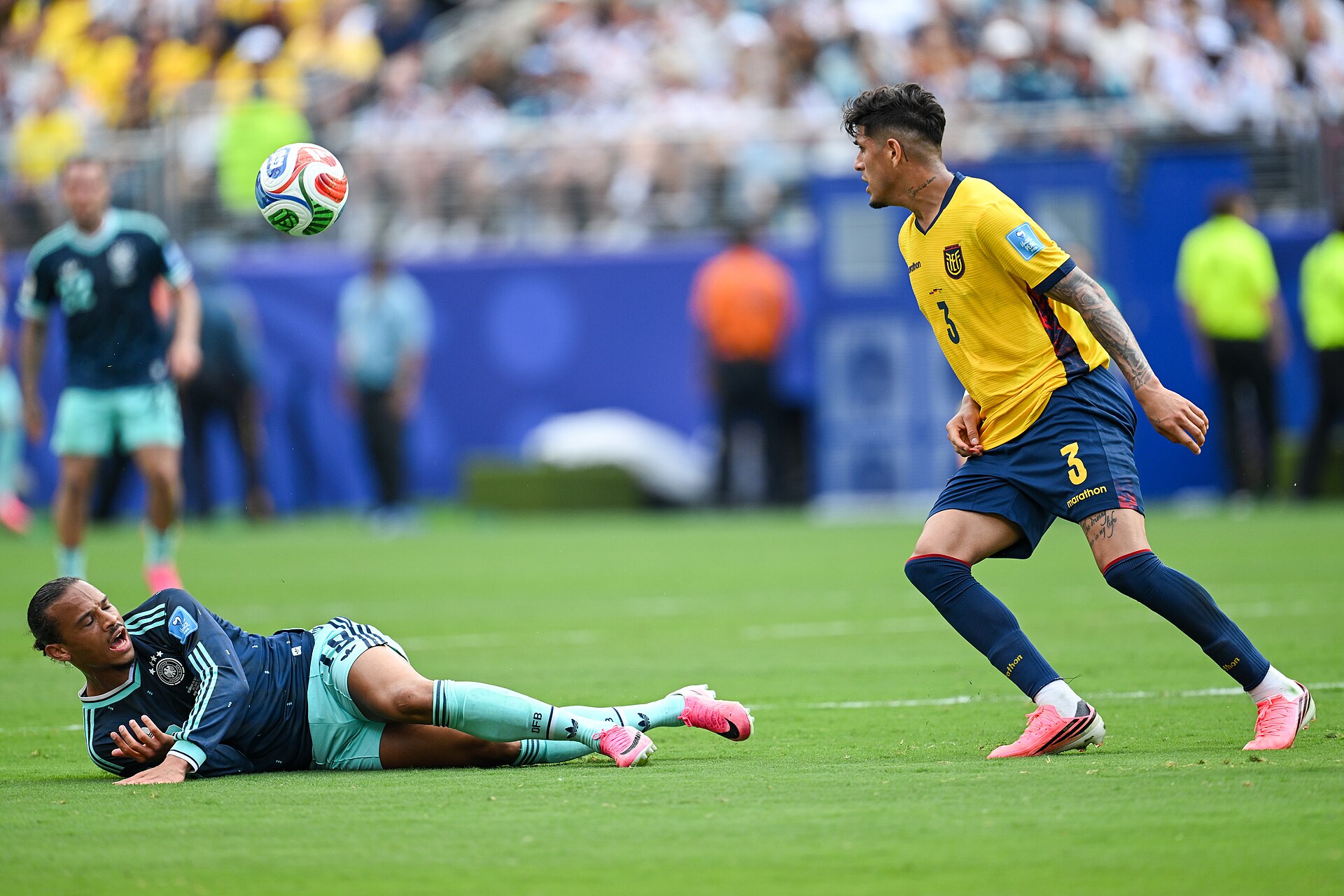 EAST RUTHERFORD, UNITED STATES - June 25: Piero Hincapie #3 of Ecuador is in action against Leroy Sane #19 of Ecuador during the FIFA World Cup 2026 Group E match between Ecuador  and  Germany on June 25, 2026 MetLife Stadium, East Rutherford, New Jersey