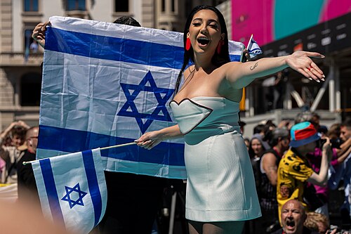 Yuval Raphael, representing Israel, on the Turquoise Carpet at Eurovision 2025 in Basel, Switzerland.