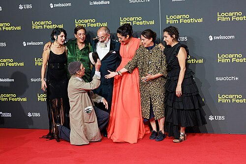 Zar Amir, Giona A. Nazzaro, Denis Lavant, Golshifteh Farahani, Maja Hoffmann and Tamara Stepanyan attend the "Le Pays d'Arto" red carpet during the 78th Locarno Film Festival on August 06, 2025 in Locarno, Switzerland.
